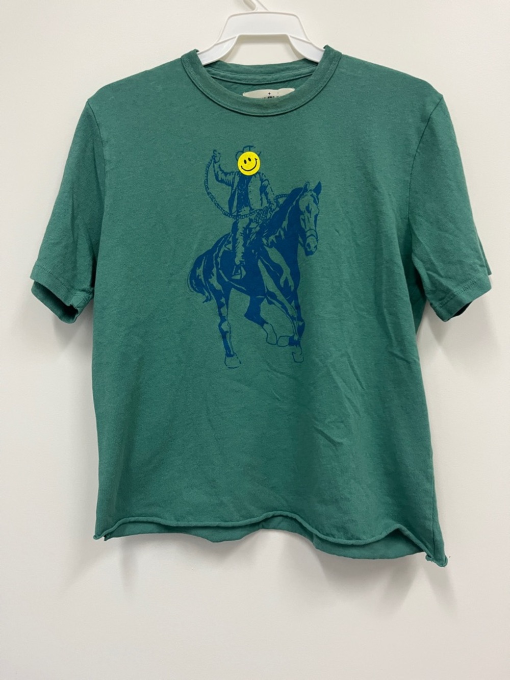 Imogene + Willie Green Smiley face Cowboy print crop tee size S